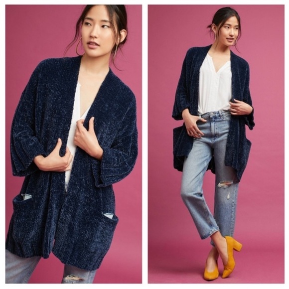 Anthropologie Sweaters - Anthropologie Moth Lily Chenille Cardigan Open Front Navy Blue Oversized Knit XS